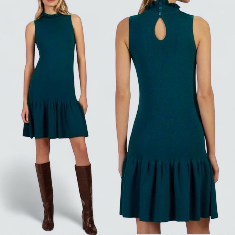 TRINA TURK Raya Merino Wool Ruffle Sleeveless Drop Hem Dress in Teal Size M